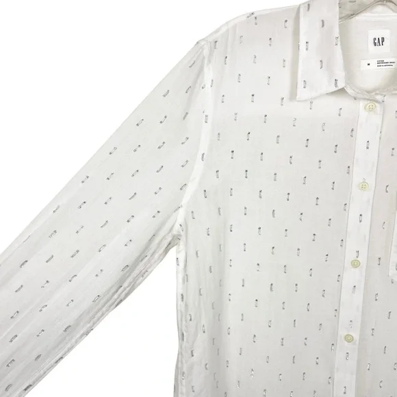 Gap Fitted Boyfriend White Button Down Silver Metallic Clip Dot Shirt Size M - Picture 6 of 14